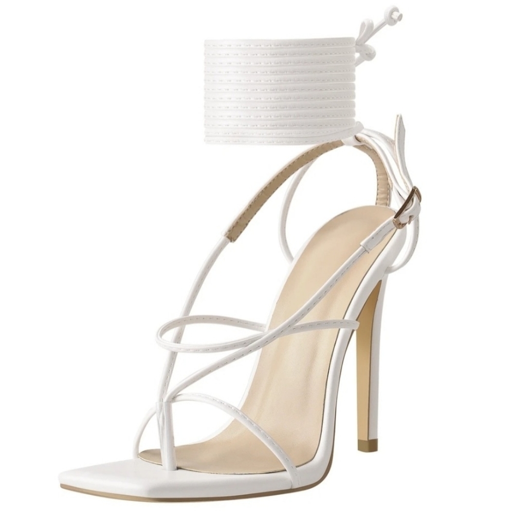 White Handmade Square Toe Ankle Strap Stiletto Lace up thong sandal Heels